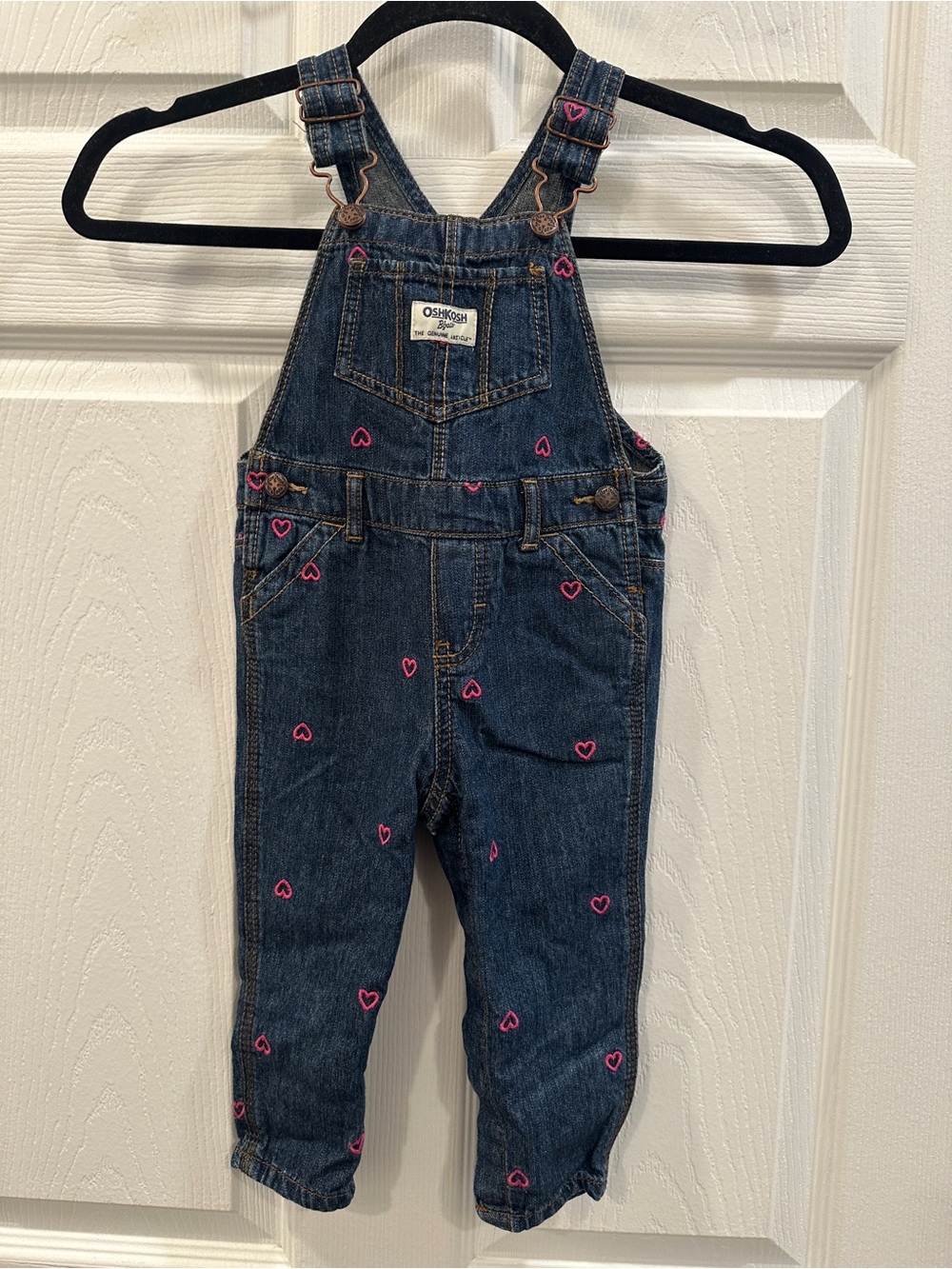 OshKosh Dark Blue Denim Overalls with Pink Heart Embroidery size 18 M EUC